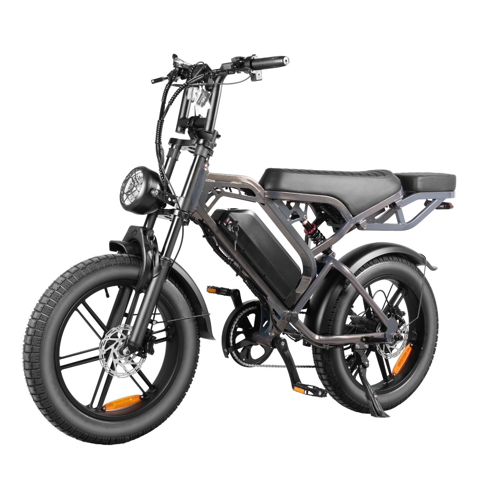 Thunder V20 Pro 250W fat tyre electric bike in grey, shown from the front three-quarter angle featuring 20 × 4.0-inch tyres, dual suspension, hydraulic disc brakes and rear hub motor.