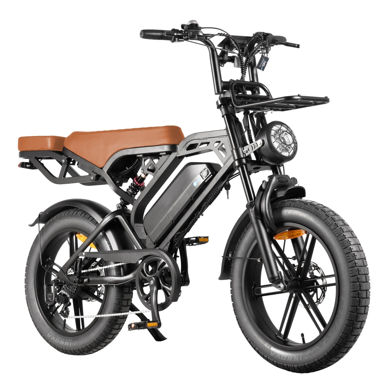 Thunder V20 Pro 250W fat tyre electric bike in black with brown seat, shown from the front three-quarter angle featuring 20 x 4.0-inch tyres, dual suspension, hydraulic disc brakes and rear hub motor.