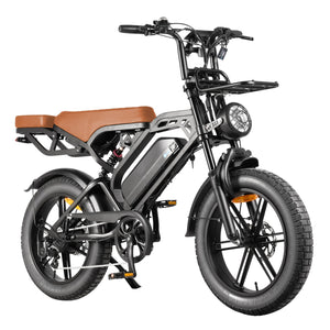 Thunder V20 Pro 250W fat tyre electric bike in black with brown seat, shown from the front three-quarter angle featuring 20 x 4.0-inch tyres, dual suspension, hydraulic disc brakes and rear hub motor.