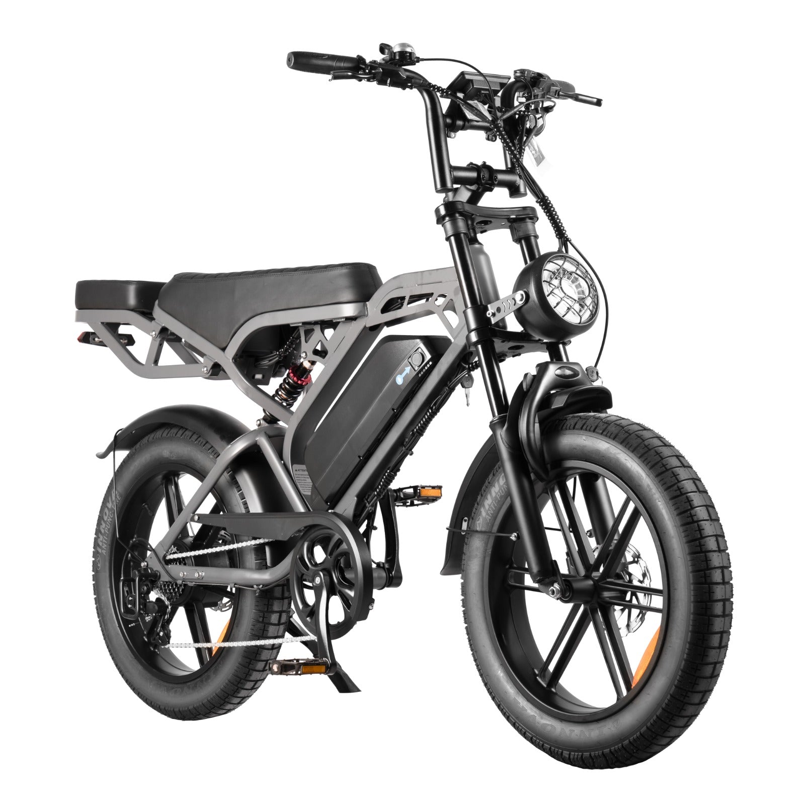 Thunder V20 Pro 250W fat tyre electric bike in grey, shown from the front three-quarter angle featuring 20 × 4.0-inch tyres, dual suspension, hydraulic disc brakes and rear hub motor.