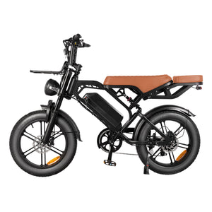 Left side view of the Thunder V20 Pro 250W fat tyre electric bike with black frame, brown saddle, 48V 15Ah removable battery, hydraulic disc brakes and 20 × 4.0-inch fat tyres