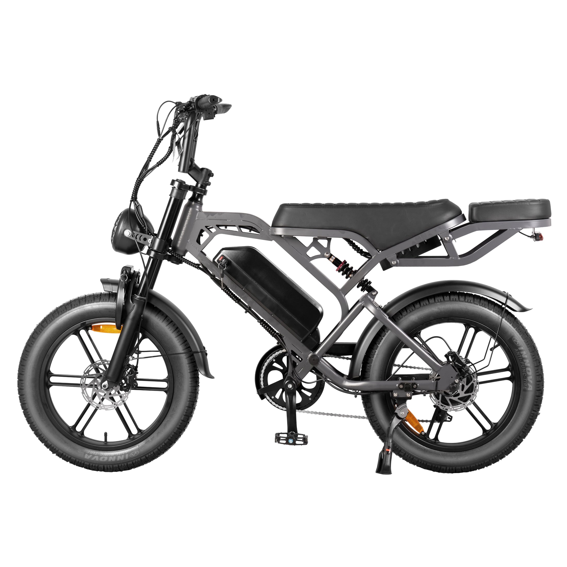 Left side view of the Thunder V20 Pro 250W fat tyre electric bike with Grey frame, brown saddle, 48V 15Ah removable battery, hydraulic disc brakes and 20 × 4.0-inch fat tyres