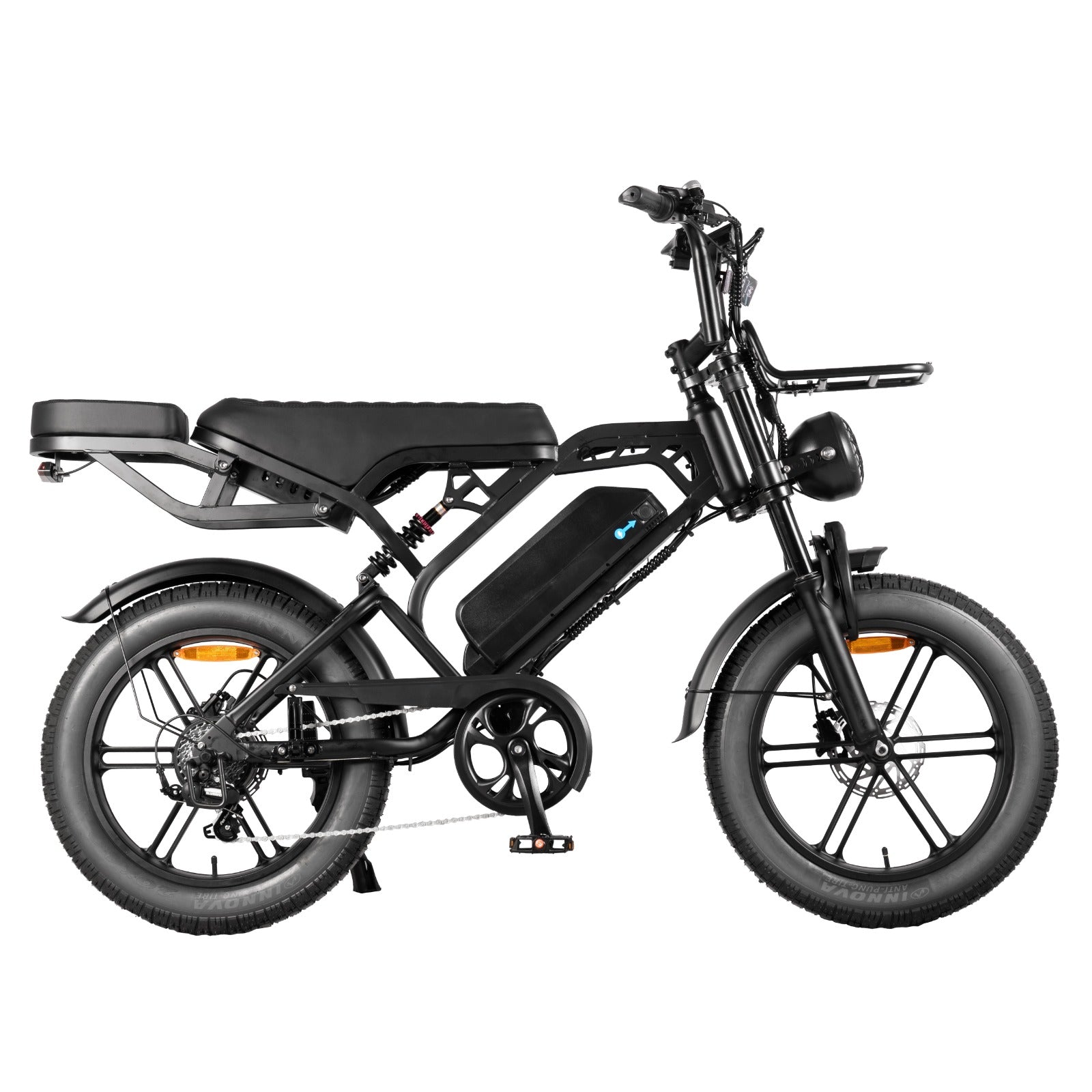 Thunder V20 Pro 250W fat tyre electric bike in black, shown from the opposite side featuring its 48V battery, fat tyres, dual suspension and hydraulic disc brakes.