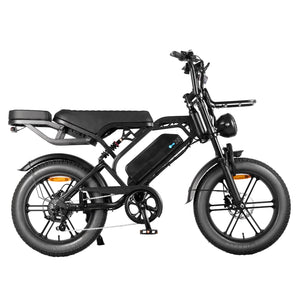 Thunder V20 Pro 250W fat tyre electric bike in black, shown from the opposite side featuring its 48V battery, fat tyres, dual suspension and hydraulic disc brakes.