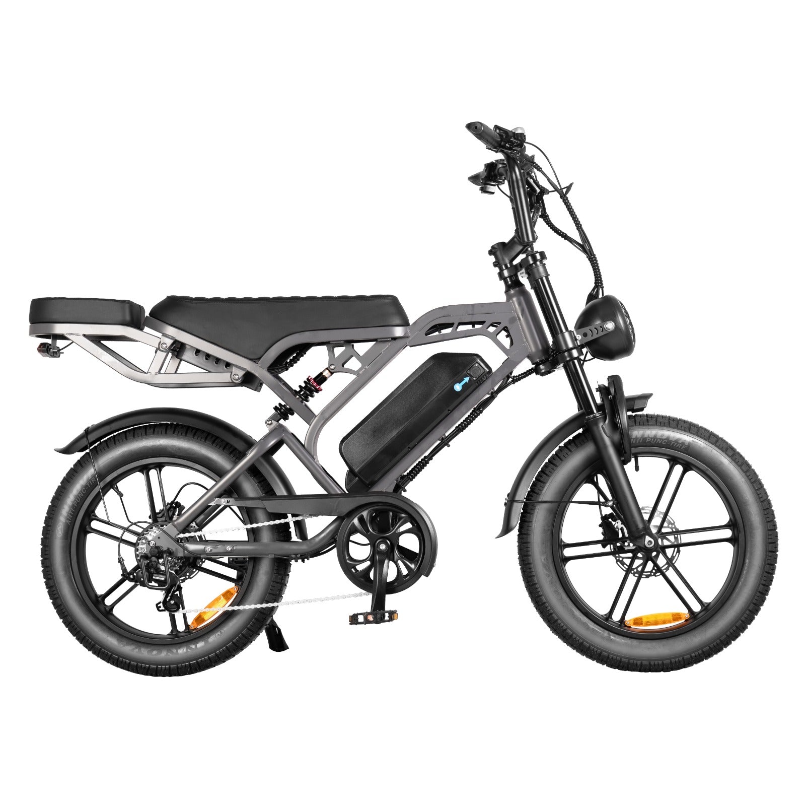 Thunder V20 Pro 250W fat tyre electric bike in grey, shown from the opposite side featuring its 48V battery, fat tyres, dual suspension and hydraulic disc brakes.