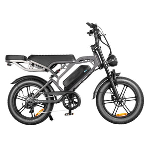 Thunder V20 Pro 250W fat tyre electric bike in grey, shown from the opposite side featuring its 48V battery, fat tyres, dual suspension and hydraulic disc brakes.