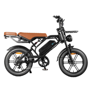 Right side view of the Thunder V20 Pro 250W electric fat tyre bike with black steel frame, brown seat, rear hub motor, removable 48V battery, dual suspension and hydraulic disc brakes.
