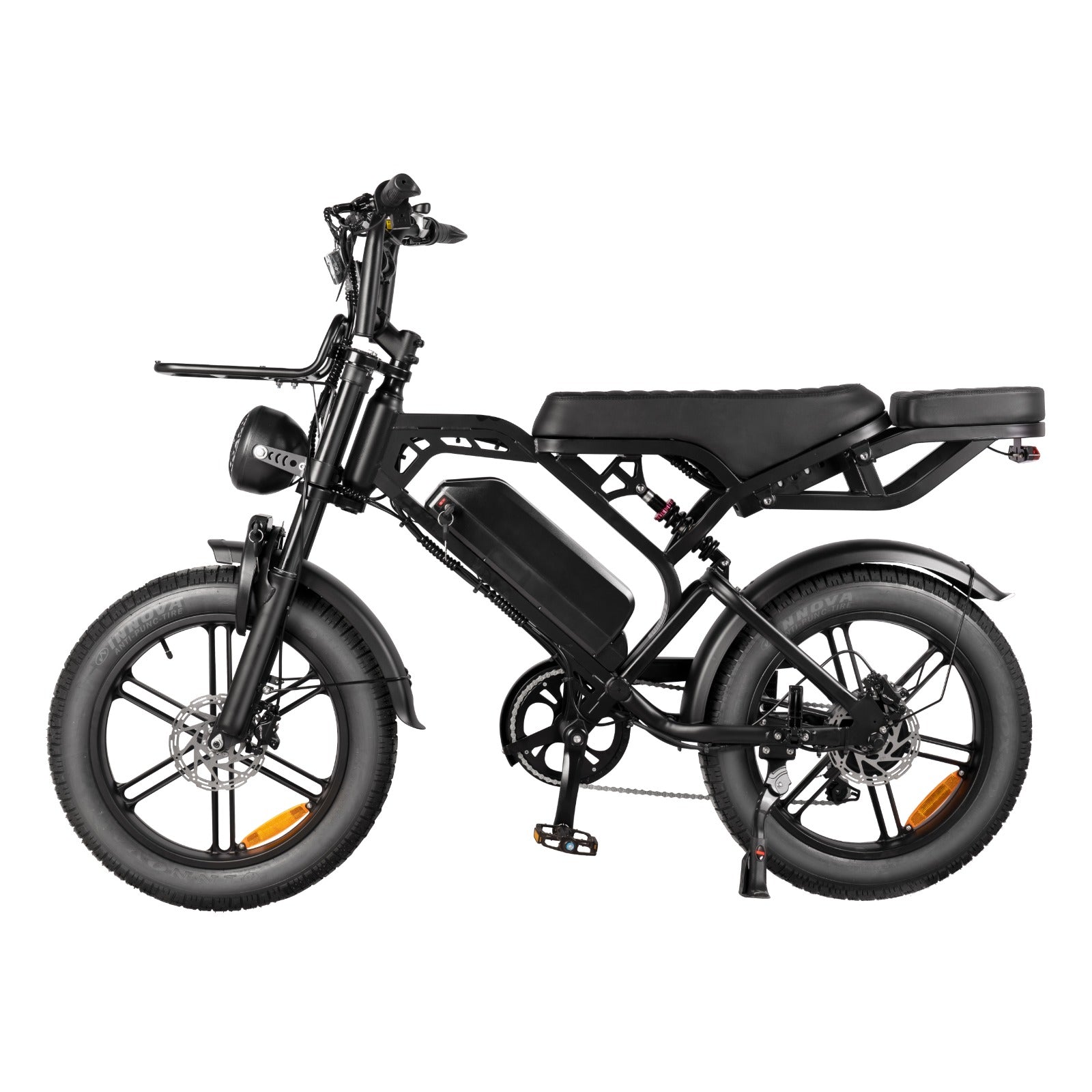Thunder V20 Pro 250W fat tyre electric bike in black, shown from the side featuring 20 × 4.0-inch tyres, dual suspension, hydraulic disc brakes and extended rear seat.