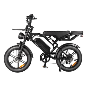Thunder V20 Pro 250W fat tyre electric bike in black, shown from the side featuring 20 × 4.0-inch tyres, dual suspension, hydraulic disc brakes and extended rear seat.