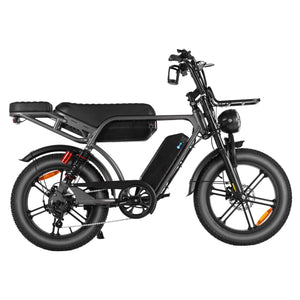 Side view of the grey Thor Thunder V29 dual-battery electric bike with fat tyres and rear passenger seat.